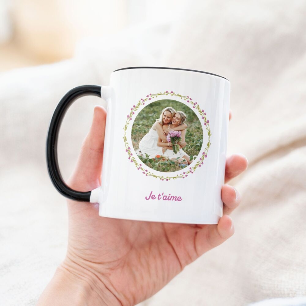 Mug personnalisé couronne de fleurs avec photo et texte