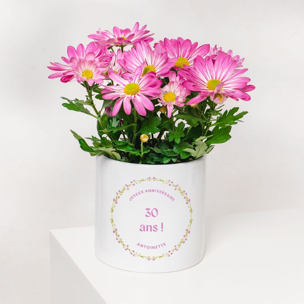 Pot de fleurs personnalisé avec couronne de fleurs et texte