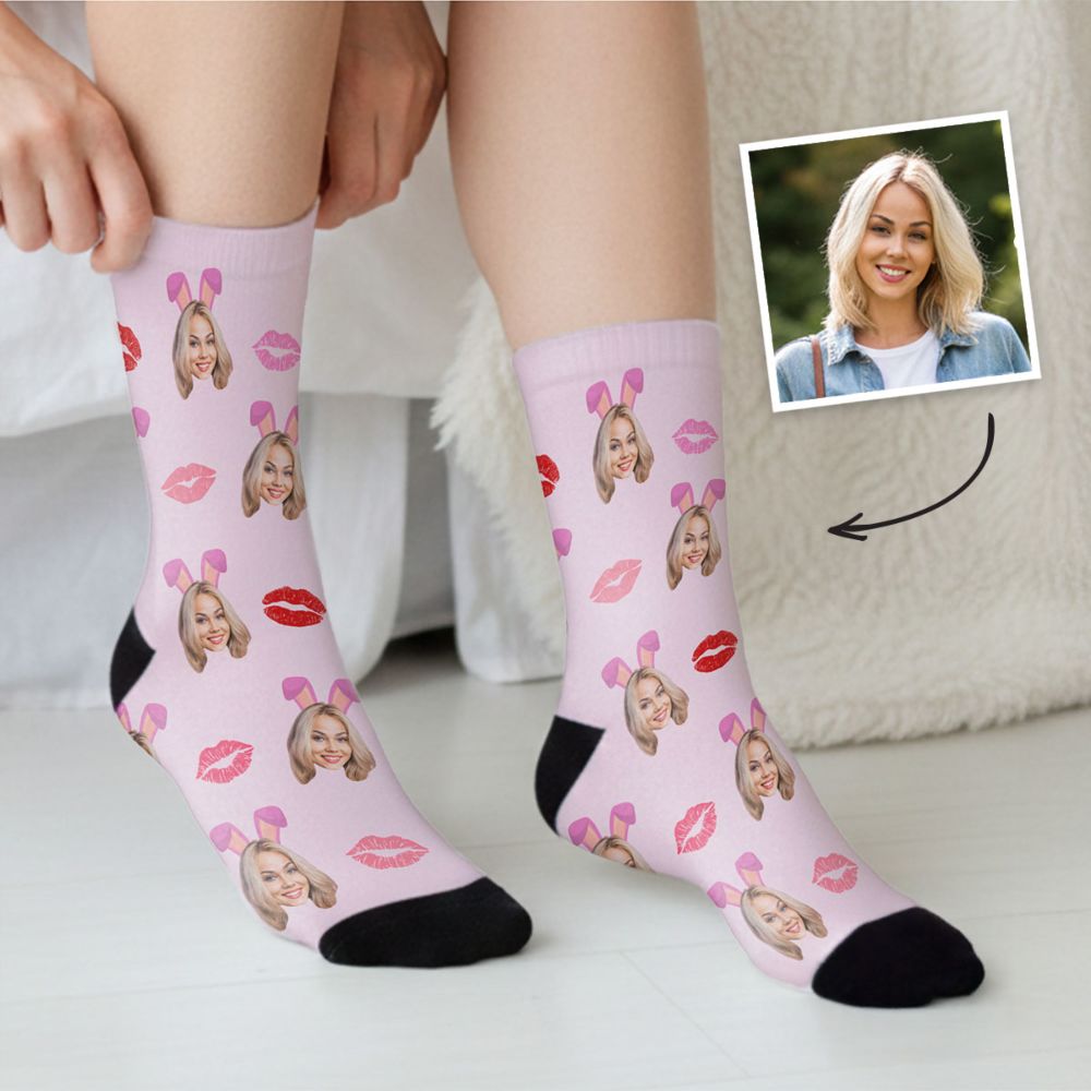 Chaussettes personnalisées avec visage et oreilles de lapin